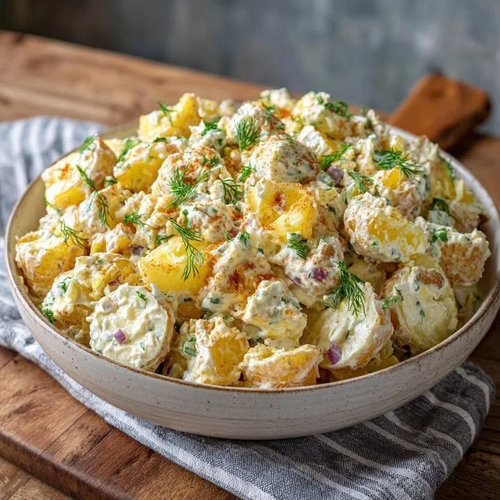 Delicious homemade potato salad with fresh herbs and creamy dressing