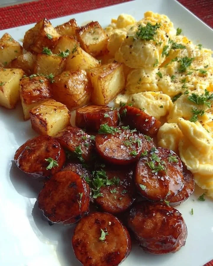 Sausage Breakfast Plate with Fluffy Scrambled Eggs & Roasted Potatoes Sausage breakfast plate with fluffy scrambled eggs and roasted potatoes