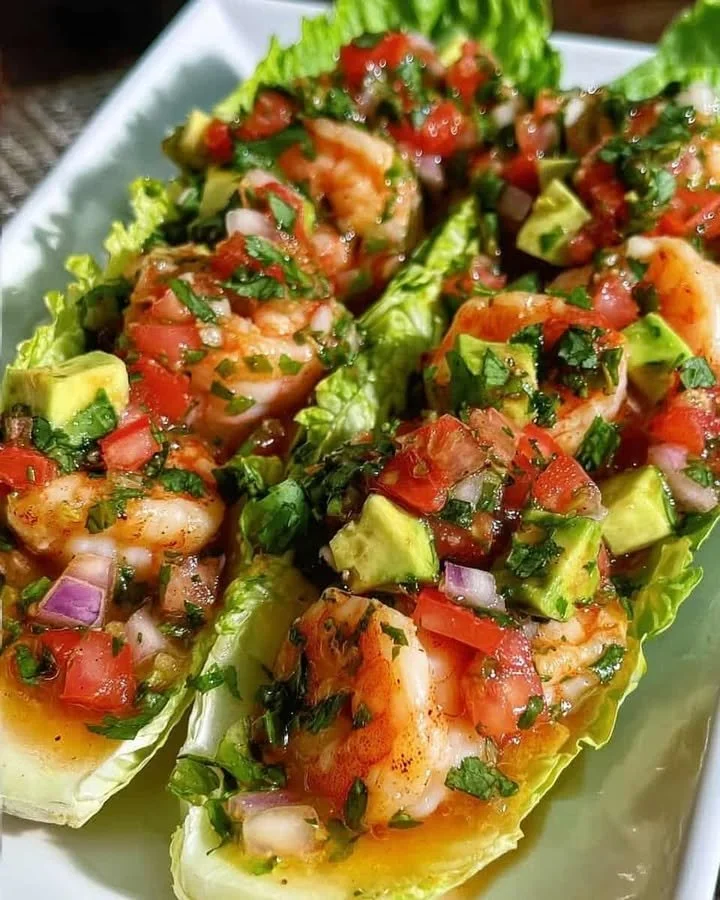 Shrimp Avocado Lettuce Boats garnished with herbs, a healthy appetizer option