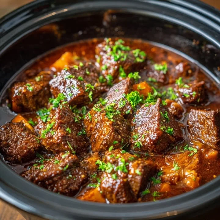 Simple Slow Cooker Beef A dish of simple slow cooker beef served with vegetables on a plate