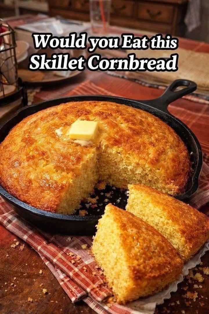 Delicious skillet cornbread fresh out of the pan, golden brown and fluffy.