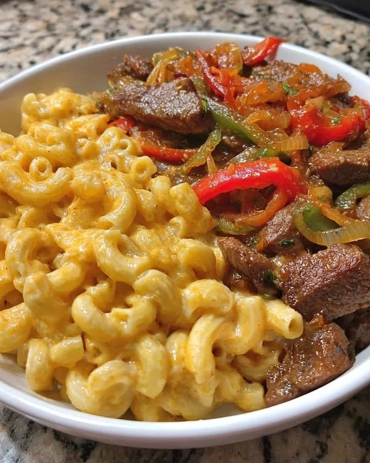 Skillet Pepper Steak served with Creamy Macaroni on a wooden table