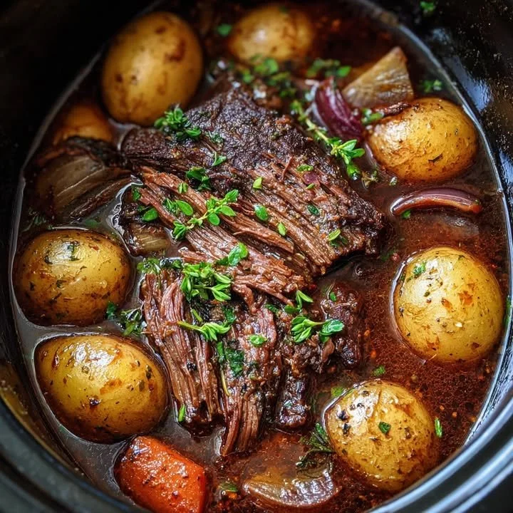 Tasty slow cooker beef dish garnished with herbs and spices.