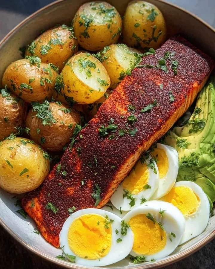 Delicious Smoky Salmon Power Bowl garnished with herb potatoes and jammy eggs