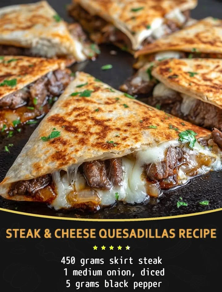 Delicious steak quesadillas filled with cheese and peppers on a wooden board