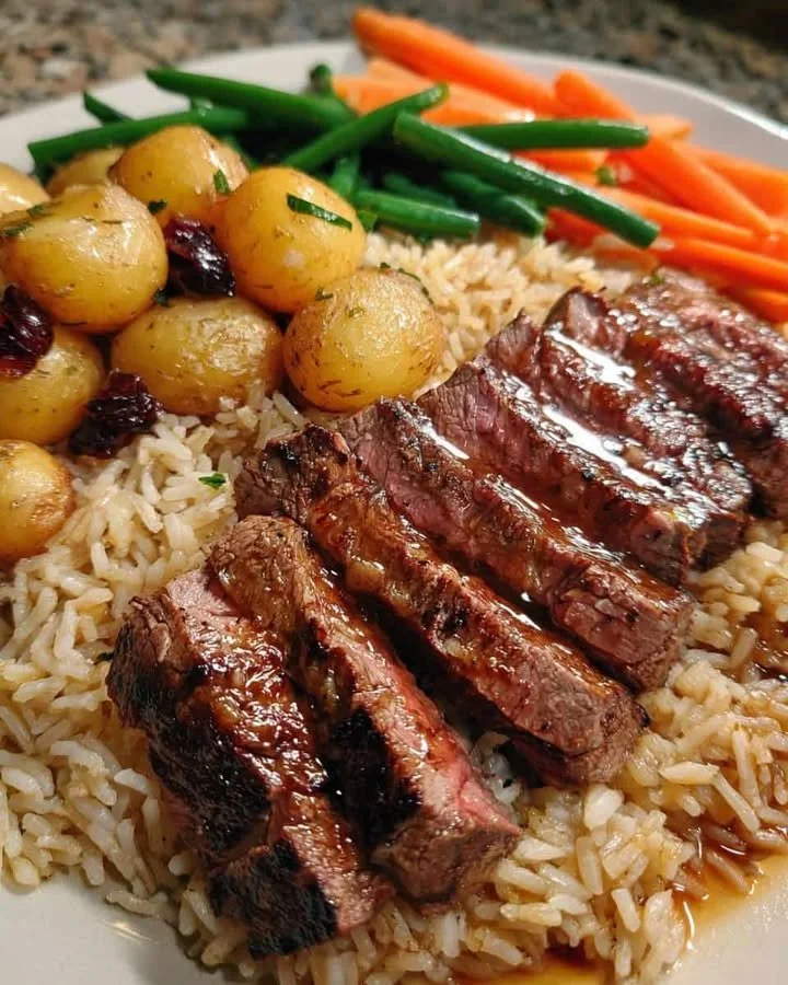 Steak Dinner with Garlic Rice & Homestyle Sides Steak dinner with garlic rice and homestyle sides on a plate