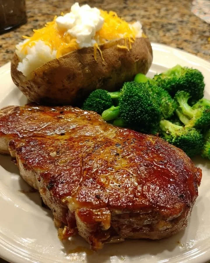 Steak Night with a Loaded Baked Potato A mouthwatering steak night featuring a loaded baked potato on a dinner plate.