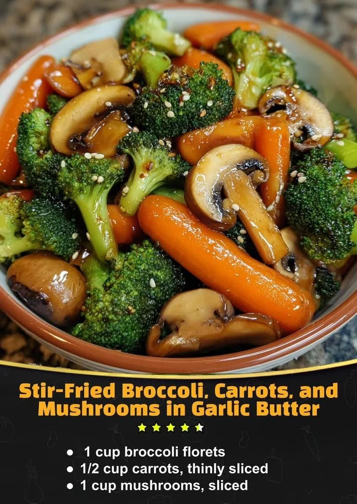 Stir-fried broccoli, carrots, and mushrooms cooked in garlic butter