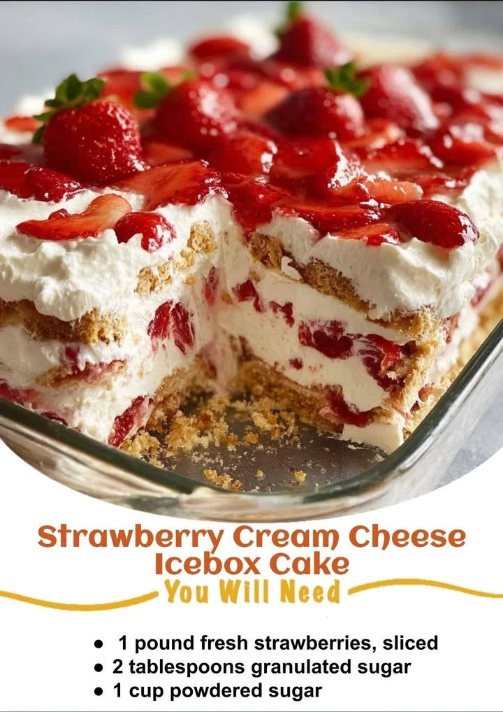 Delicious Strawberry Cream Cheese Icebox Cake with fresh strawberries and cream.