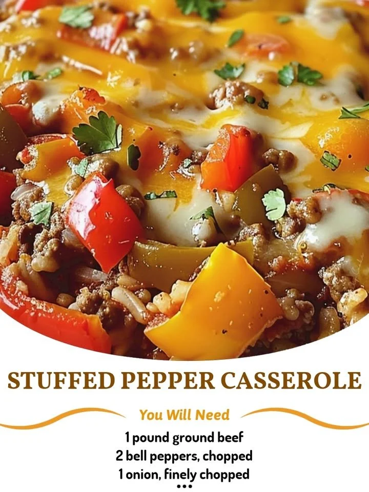 Delicious stuffed pepper casserole topped with cheese and fresh herbs