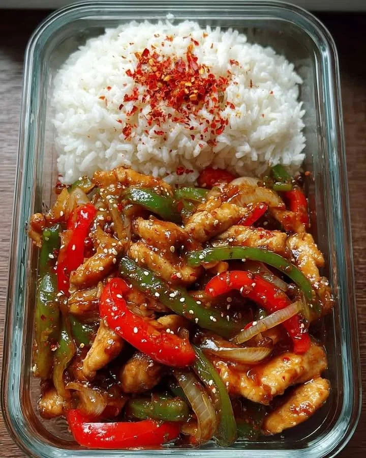 Sweet & Spicy Chicken Stir-Fry with Bell Peppers & Jasmine Rice Sweet & Spicy Chicken Stir-Fry with Bell Peppers and Jasmine Rice dish