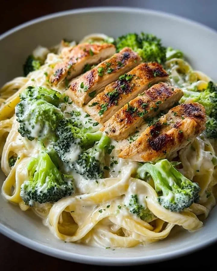 Ultimate Creamy Chicken & Broccoli Fettuccine Alfredo Creamy Chicken Alfredo with broccoli served in fettuccine pasta
