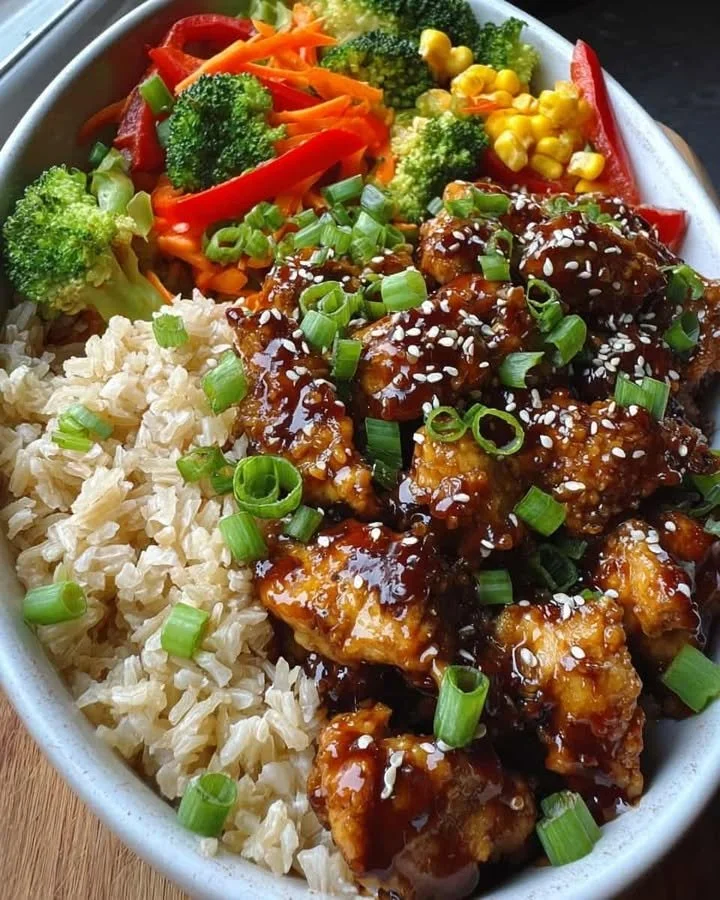 Ultimate teriyaki chicken bowl with brown rice and colorful veggies